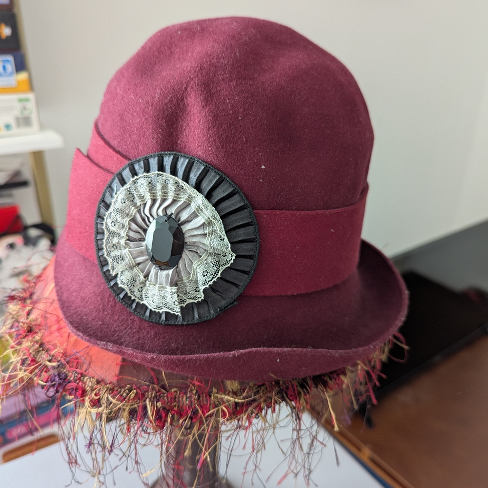 Charming Charlie Elegant Burgundy Women's Hat with Decorative Brooch